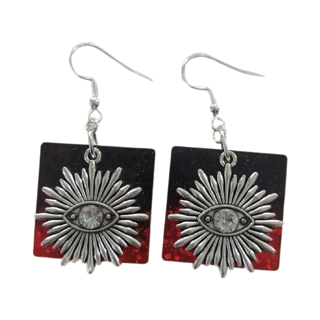 Earrings - Resin Black and red square with silver evil eye charm on silver hook