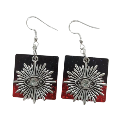 Earrings - Resin Black and red square with silver evil eye charm on silver hook