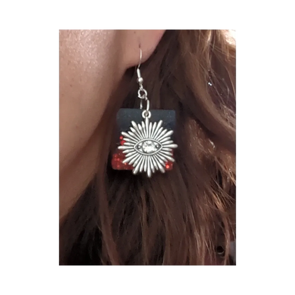 Earrings - Resin Black and red square with silver evil eye charm on silver hook