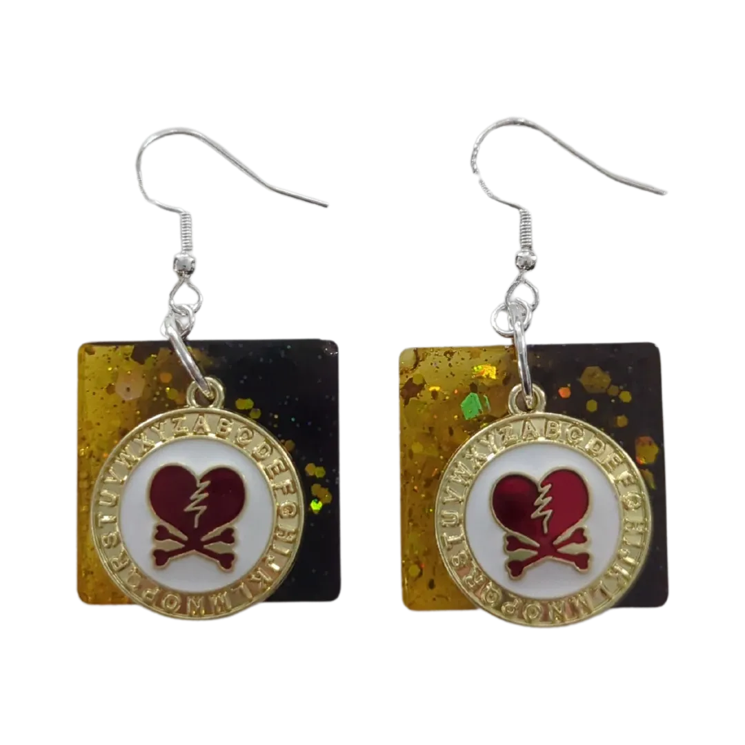 Earrings - Resin black and yellow square with charm on silver hook