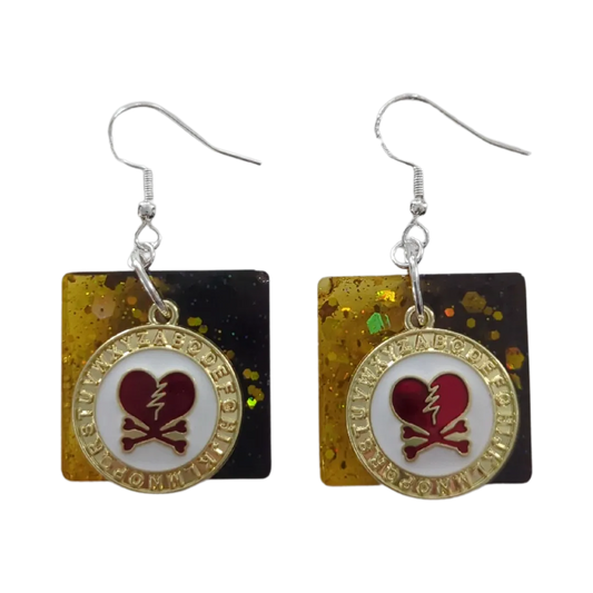 Earrings - Resin black and yellow square with charm on silver hook