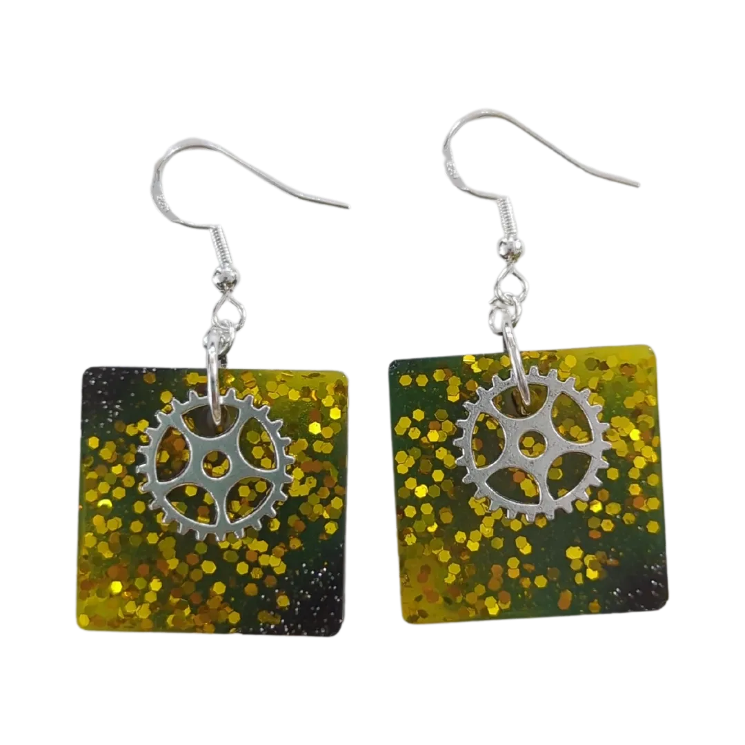 Earrings - Resin black and yellow square with charm on silver hook