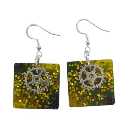 Earrings - Resin black and yellow square with charm on silver hook