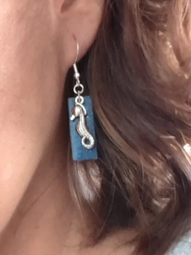 Earrings - Resin blue glitter rectangle with silver seahorse charm on hook