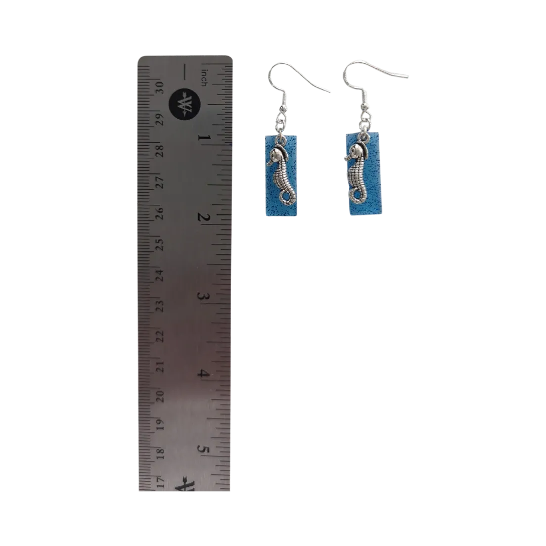 Earrings - Resin blue glitter rectangle with silver seahorse charm on hook