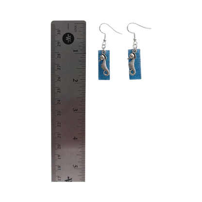 Earrings - Resin blue glitter rectangle with silver seahorse charm on hook