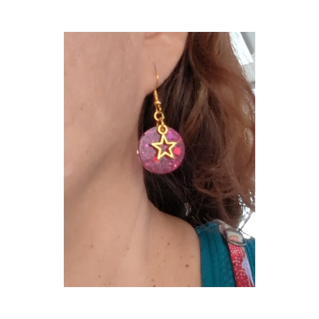 Earrings - Resin circle with gold star on gold hook