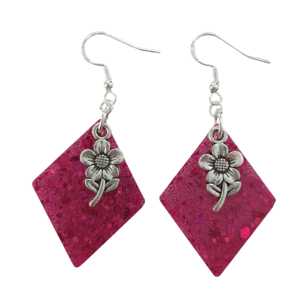 Earrings - Resin diamond shape with silver charm on hook