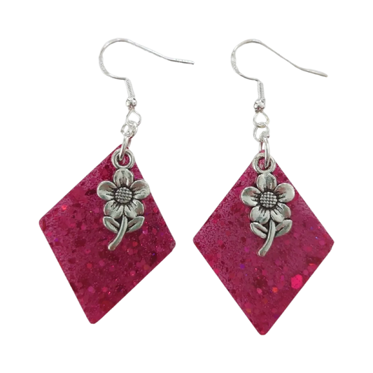 Earrings - Resin diamond shape with silver charm on hook