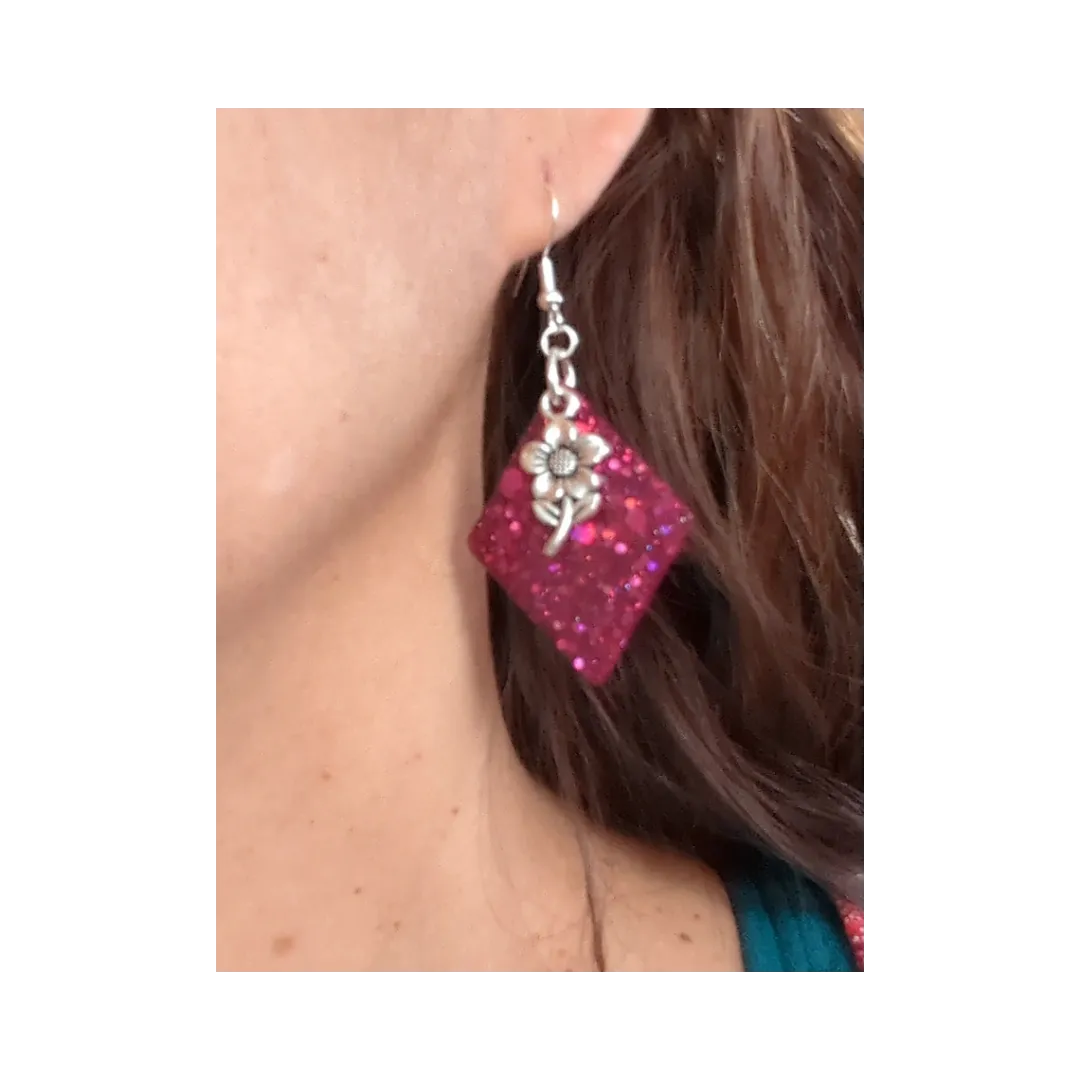 Earrings - Resin diamond shape with silver charm on hook