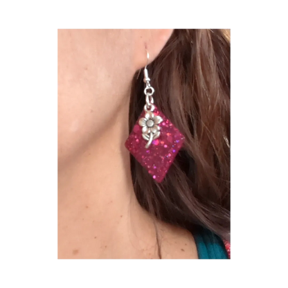 Earrings - Resin diamond shape with silver charm on hook