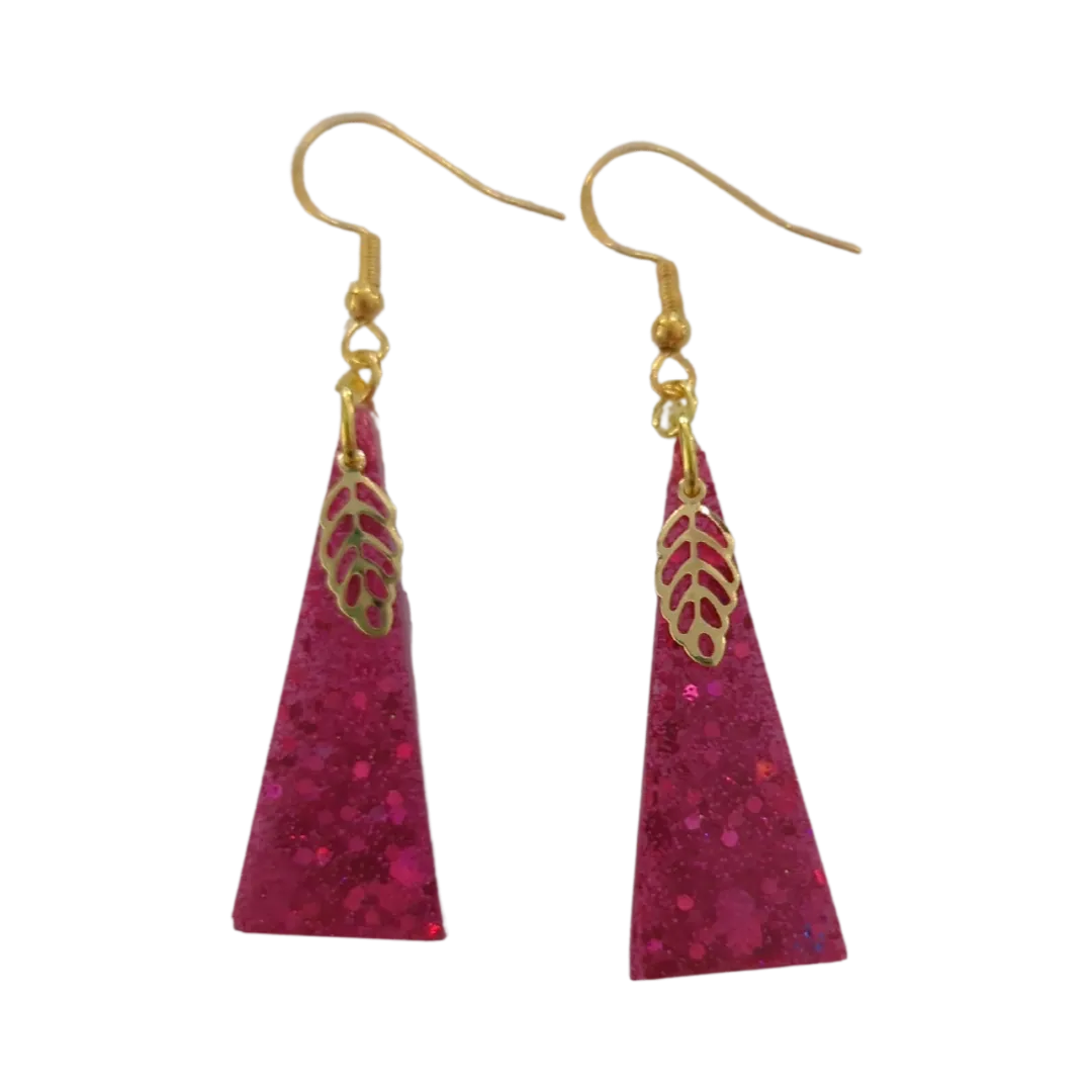 Earrings - Resin isosceles triangle with gold leaf charm on gold hook