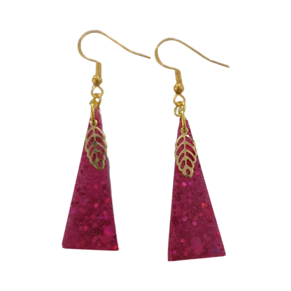 Earrings - Resin isosceles triangle with gold leaf charm on gold hook