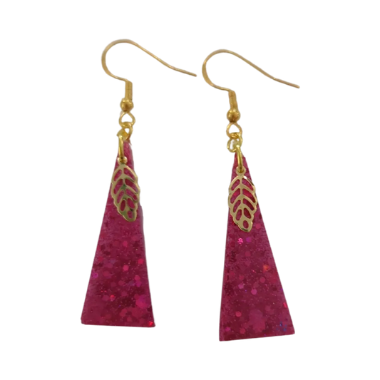 Earrings - Resin isosceles triangle with gold leaf charm on gold hook