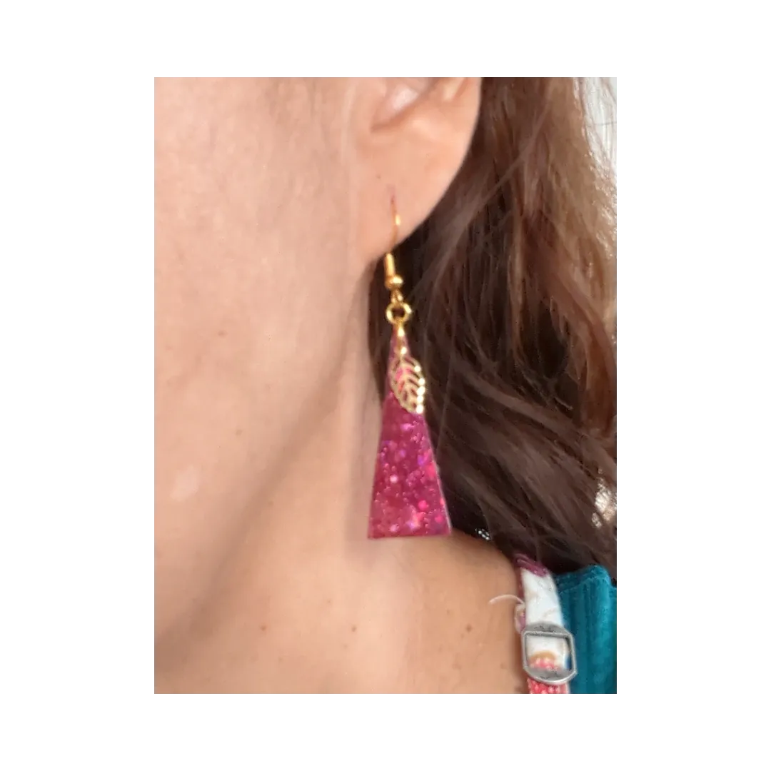 Earrings - Resin isosceles triangle with gold leaf charm on gold hook