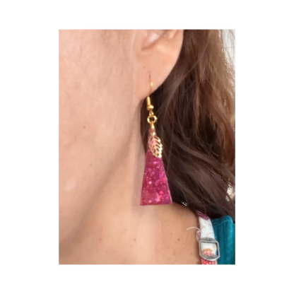 Earrings - Resin isosceles triangle with gold leaf charm on gold hook