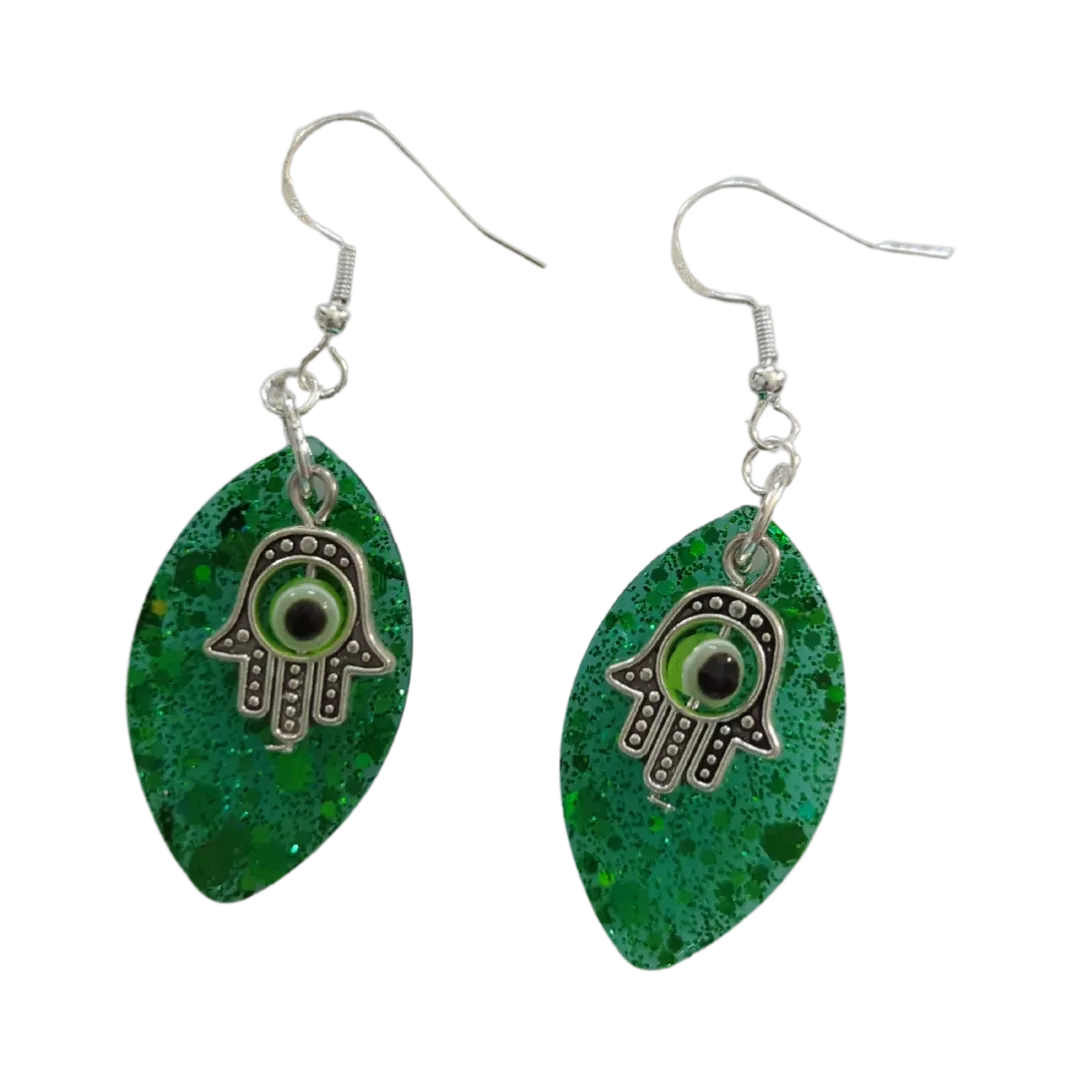 Earrings - Resin leaf shape with hamsa hand colorful evil eye charm on silver hook