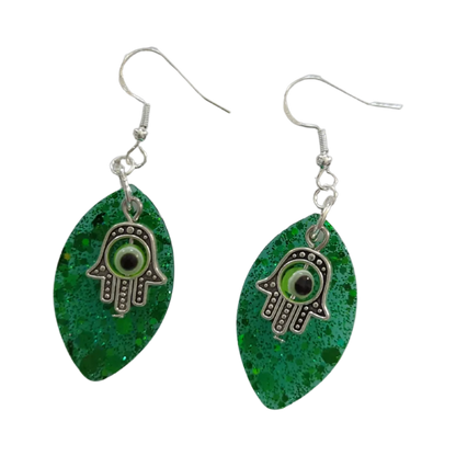 Earrings - Resin leaf shape with hamsa hand colorful evil eye charm on silver hook