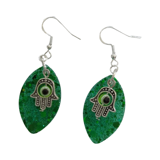 Earrings - Resin leaf shape with hamsa hand colorful evil eye charm on silver hook