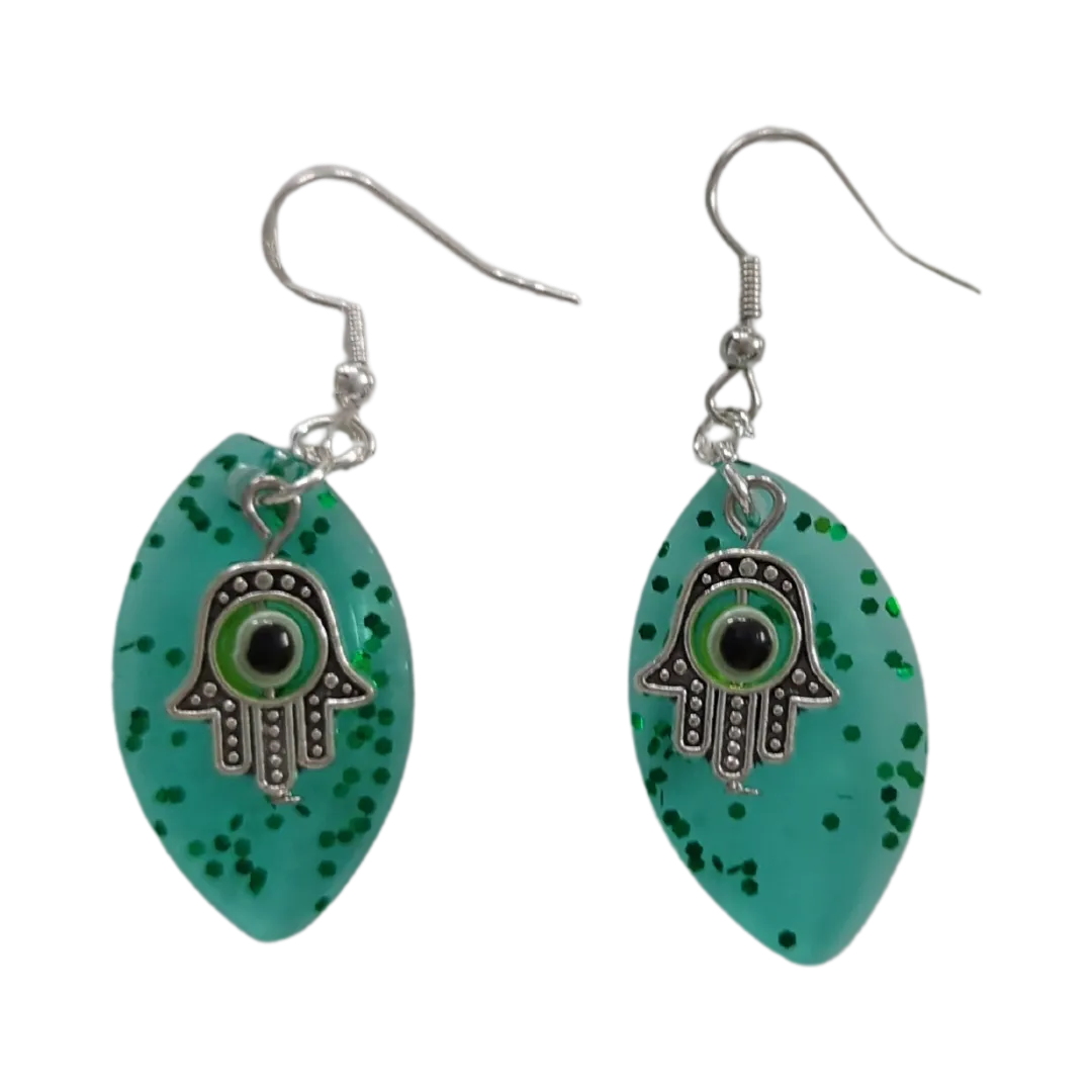 Earrings - Resin leaf shape with hamsa hand colorful evil eye charm on silver hook