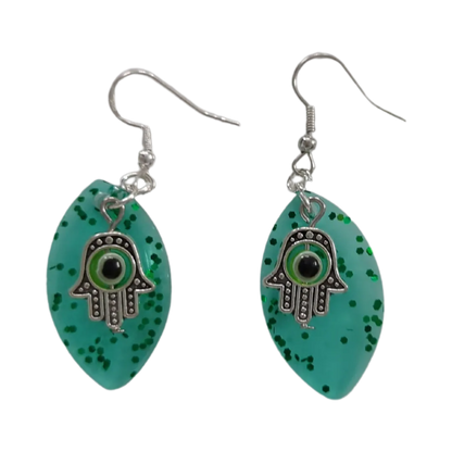 Earrings - Resin leaf shape with hamsa hand colorful evil eye charm on silver hook