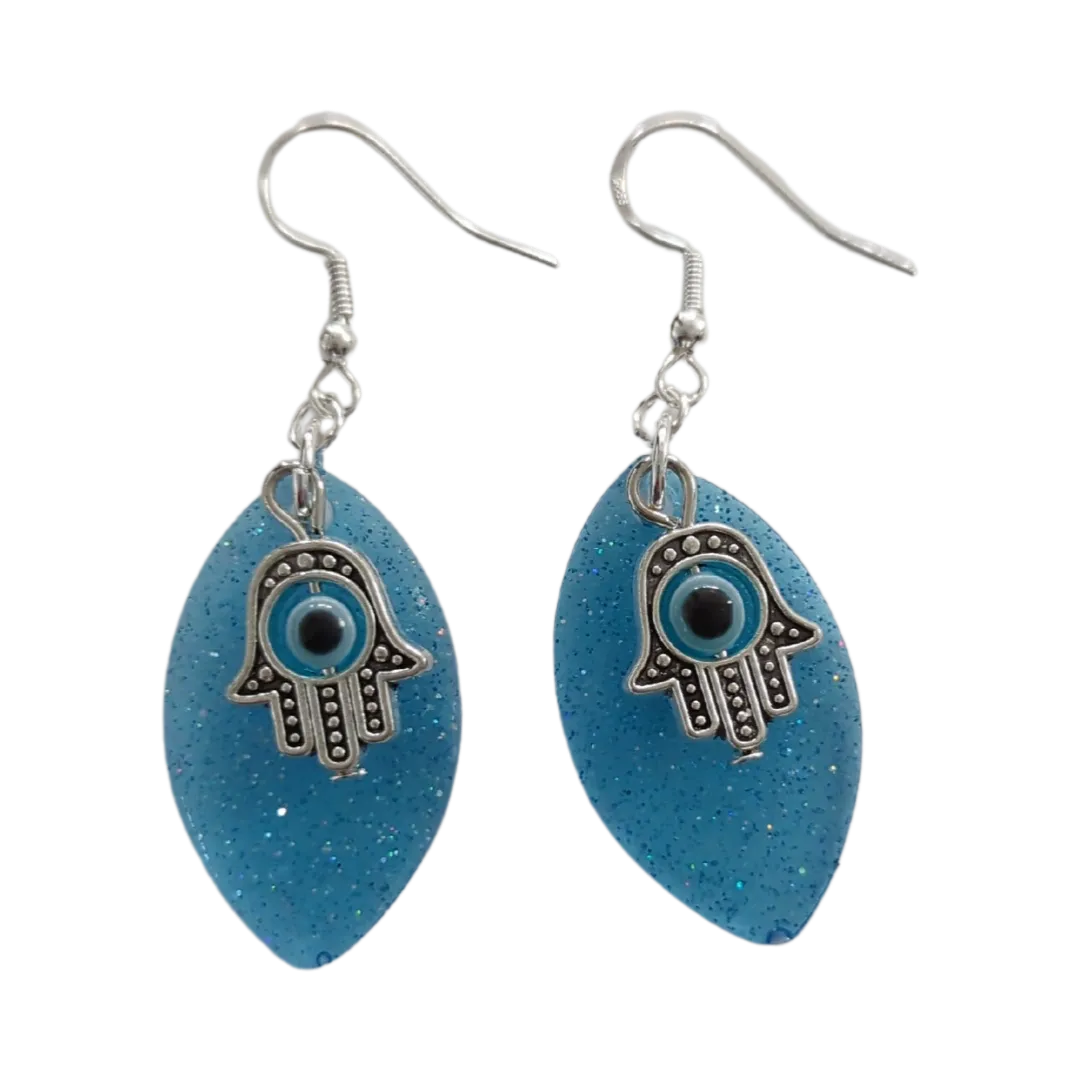 Earrings - Resin leaf shape with hamsa hand colorful evil eye charm on silver hook