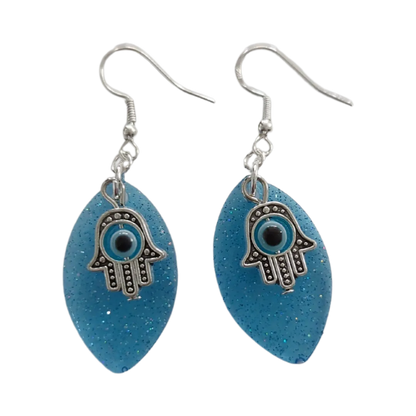 Earrings - Resin leaf shape with hamsa hand colorful evil eye charm on silver hook