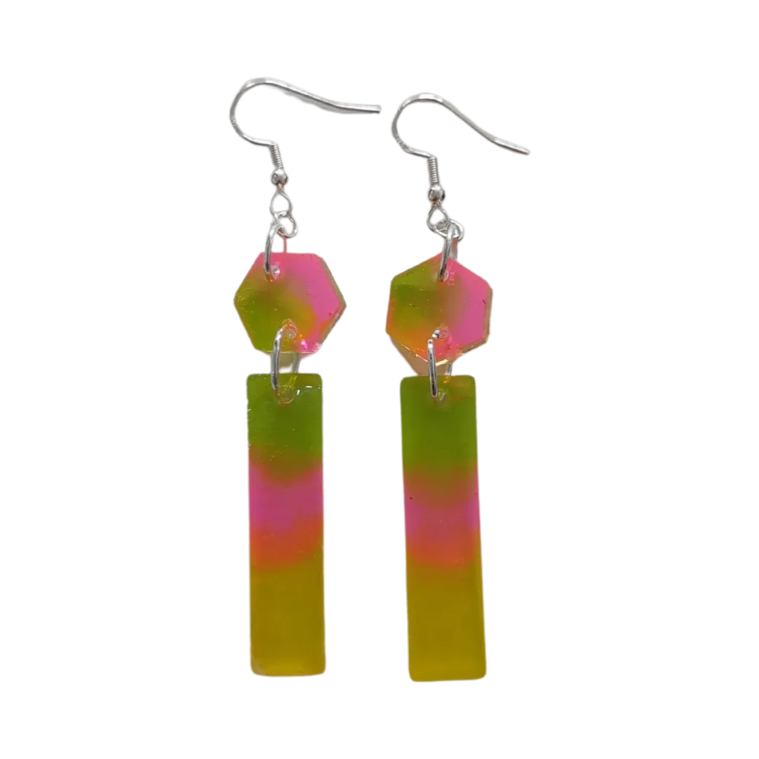 Earrings - Resin long rectangle and hexagon on hook