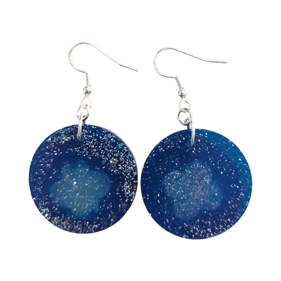 Earrings - Resin medium blue glitter circle with cloud on silver hook