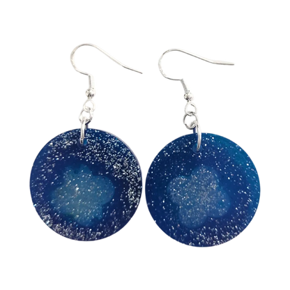 Earrings - Resin medium blue glitter circle with cloud on silver hook