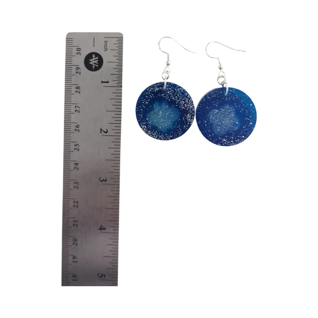 Earrings - Resin medium blue glitter circle with cloud on silver hook