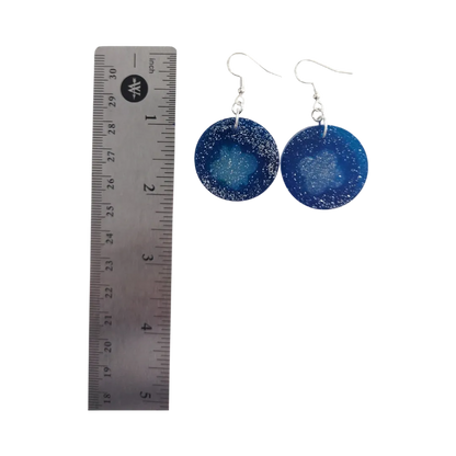 Earrings - Resin medium blue glitter circle with cloud on silver hook