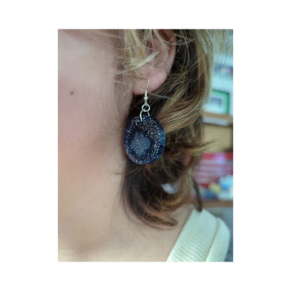 Earrings - Resin medium blue glitter circle with cloud on silver hook