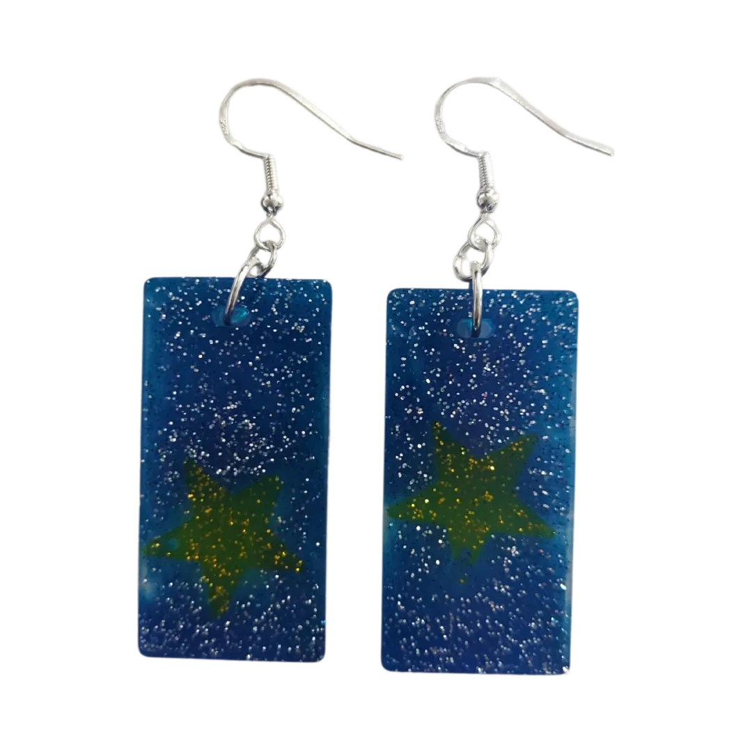 Earrings - Resin medium blue glitter rectangle with yellow star on silver hook