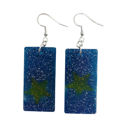 Earrings - Resin medium blue glitter rectangle with yellow star on silver hook