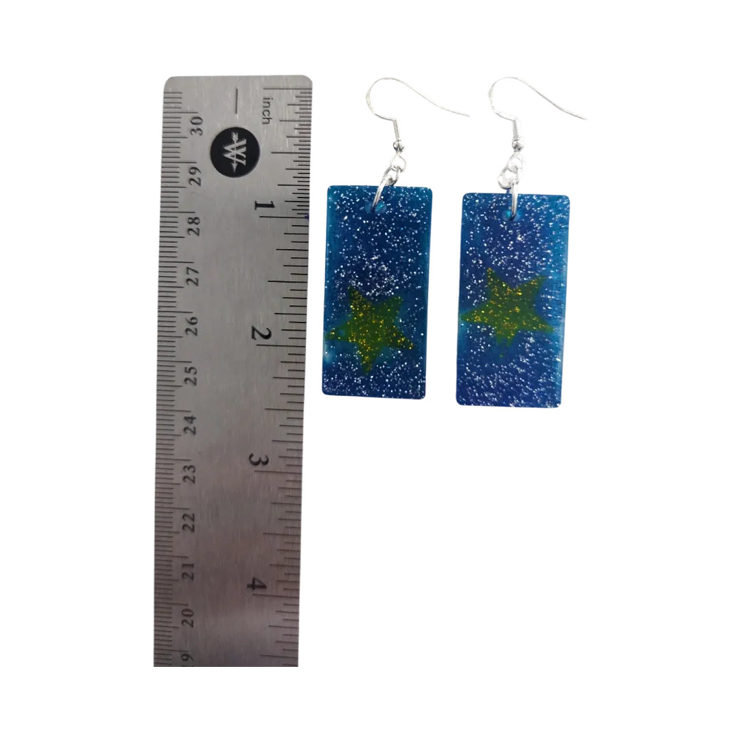 Earrings - Resin medium blue glitter rectangle with yellow star on silver hook