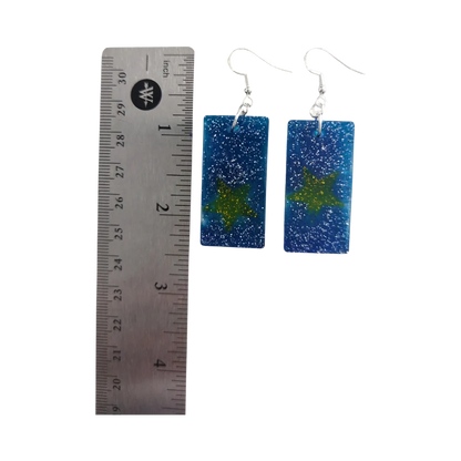 Earrings - Resin medium blue glitter rectangle with yellow star on silver hook