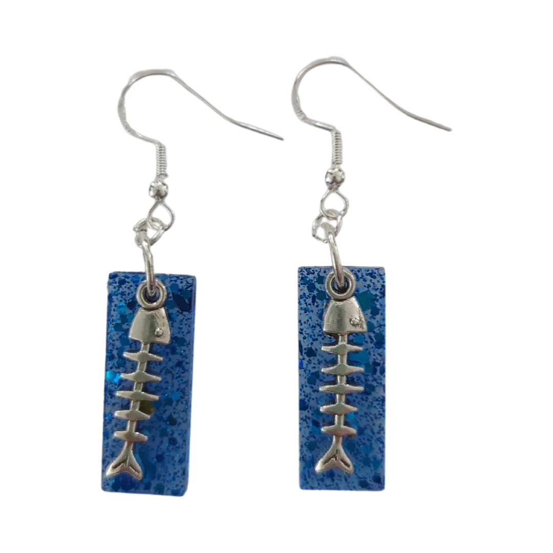 Earrings - Resin medium blue rectangle with silver fish scale charm on hook