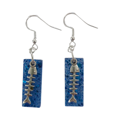 Earrings - Resin medium blue rectangle with silver fish scale charm on hook