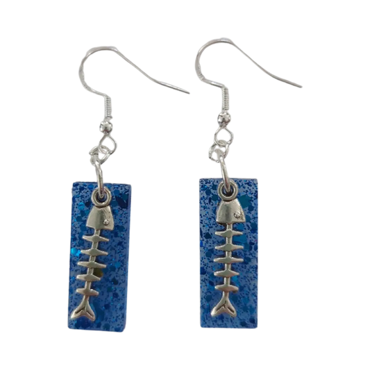 Earrings - Resin medium blue rectangle with silver fish scale charm on hook