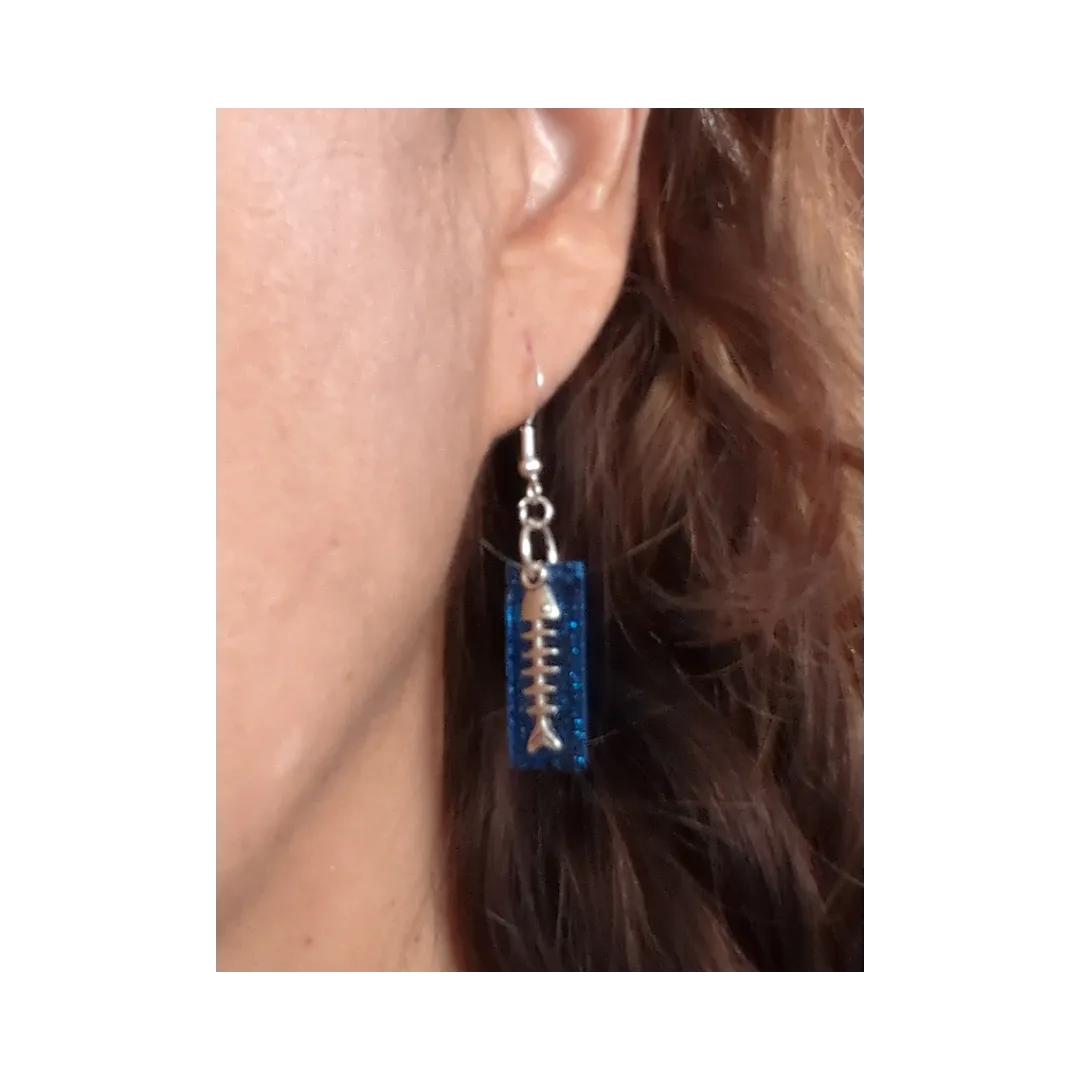 Earrings - Resin medium blue rectangle with silver fish scale charm on hook