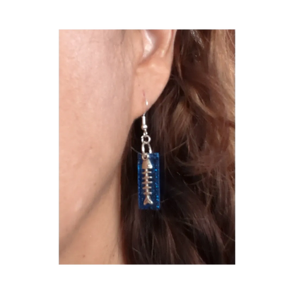 Earrings - Resin medium blue rectangle with silver fish scale charm on hook