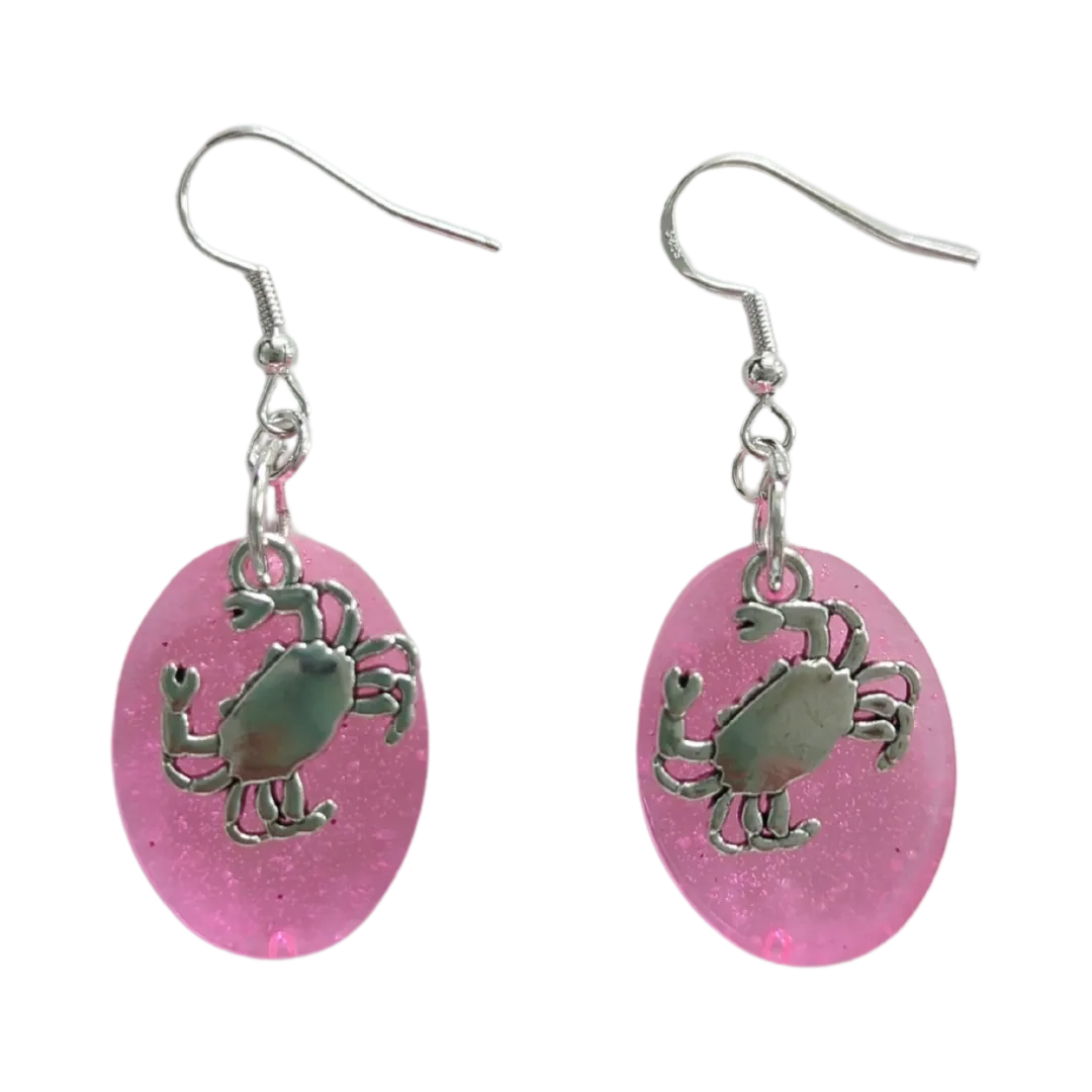 Earrings - Resin medium chunky pink glitter with silver crab charm