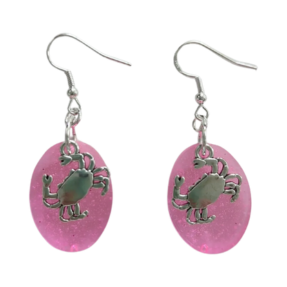 Earrings - Resin medium chunky pink glitter with silver crab charm