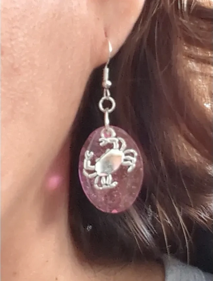 Earrings - Resin medium chunky pink glitter with silver crab charm