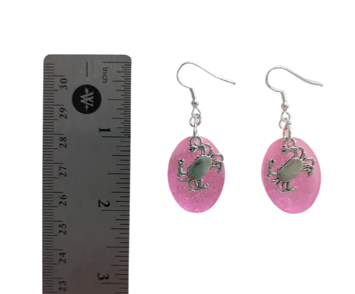 Earrings - Resin medium chunky pink glitter with silver crab charm