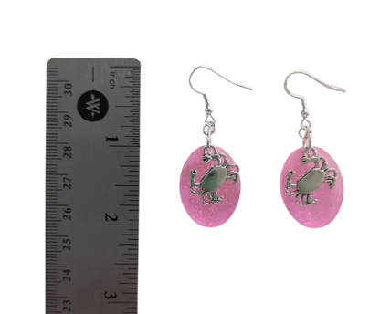 Earrings - Resin medium chunky pink glitter with silver crab charm