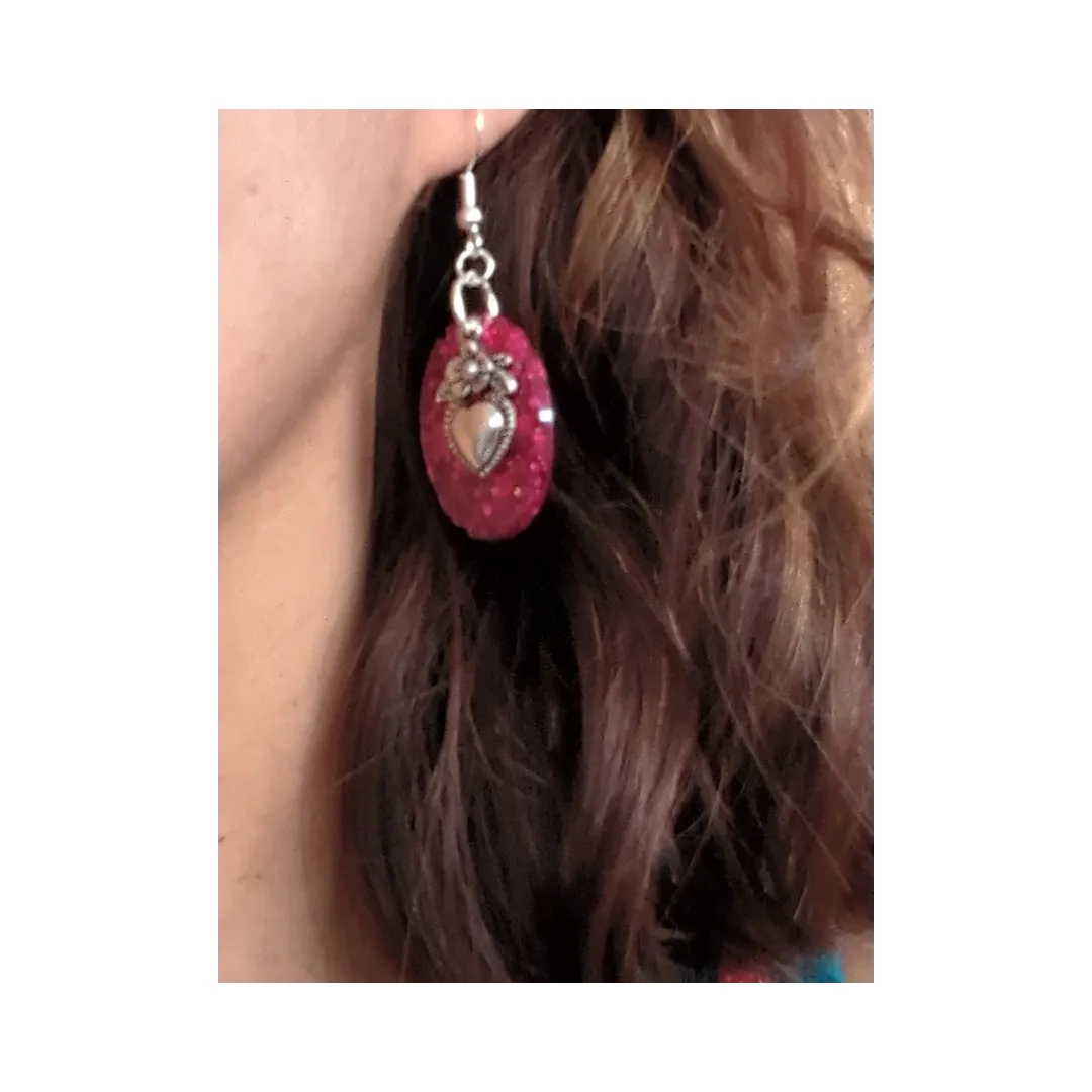 Earrings - Resin medium oval with silver charm on hook