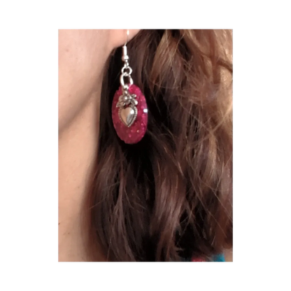 Earrings - Resin medium oval with silver charm on hook