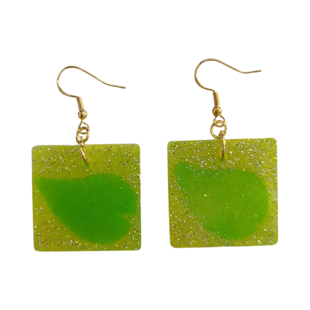 Earrings - Resin medium yellow glitter square with green leaf on gold hook